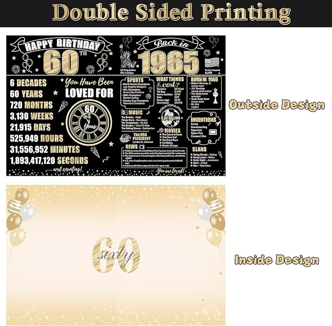 Large 60th Birthday Card With Envelope for Men Women, 1965 Black Gold Happy 60th Birthday Giant Guest Signature Book Gifts, Big Vintage 1965 60th Greeting Card Decoration Party Supplies