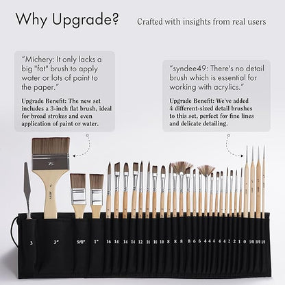 ARTIFY 30-Piece Expert Paint Brush Set, Upgraded Version, Complete Range of Sizes, Enhanced Synthetic Brushes with Canvas Roll and Palette Knife for Acrylic, Oil, Watercolor, and Gouache