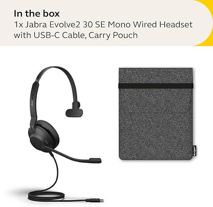 Jabra Evolve2 30 SE Wired Mono Noise-Cancelling Headset - Features 2-Mic Call Technology and USB-C Cable - Works with All Leading Unified Communications Platforms Such as Zoom and Google Meet - Black