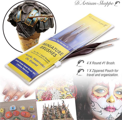 Fine Tip Detail Paint Brushes. Miniature Brushes for Detailing Art for Acrylic Watercolor Oil - Models, Airplane Kits, Craft, Rock Painting Artist Supplies. Size 1 Round Tiny Paintbrush