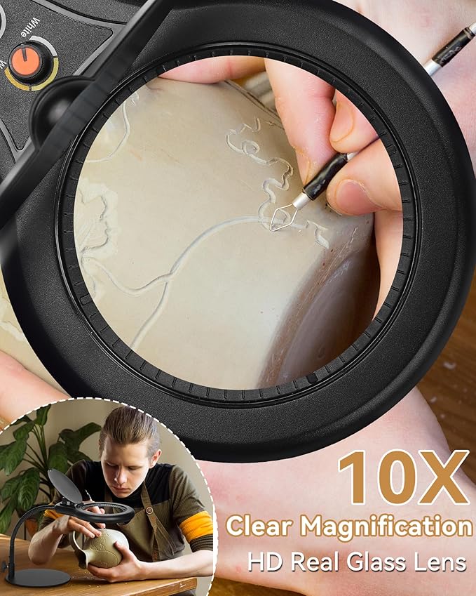 10X Magnifying Glass with Light and Stand, Flexible Gooseneck LED Lighted Desk Lamp with Dust Cover, Modes Stepless Dimming, Hands Free Magnifier for Craft Painting Hobby Reading
