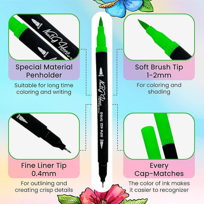 Dual Tip Brush Art Marker Pens, 80 Unique Bright Color, Water-Based Ink, Fineliner & Brush Tip Pens for Arts Lovers Coloring Drawing Book, Calligraphy Writing, Sketching and Doodling