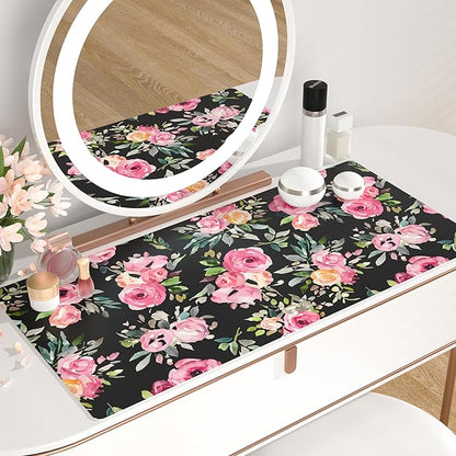 QIYI Large Mouse Pad, Floral Desk Mat for Desktop, Women Girls Watercolor Pink Flowers Office Décor Desk Accessories, PU Leather Waterproof Gaming Mousepad, Black Desk Pad Computer Mat, 31.5" x 15.7"