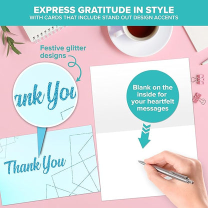 Decorably 24 Pack Glittery 6x4in Light Blue Thank You Cards with Envelopes and Stickers, 24 Elegant Designs, Blank Inside - Wedding, Baby Shower