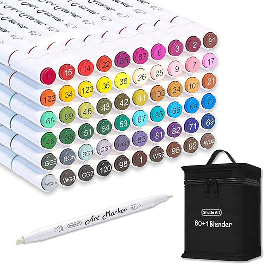Shuttle Art 61 Colors Dual Tip Art Markers, 60 Colors plus 1 Blender Alcohol Based Permanent Marker Pens Highlighters with Case Perfect for Illustration Adult Coloring Sketching and Card Making