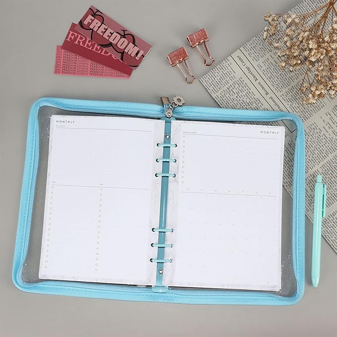 Multibey A5 Binder Cover Clear Soft PVC 6-Ring Binder Budget Evelopes System with Zipper Planner Organizer Refillable Notebook Journal Binder (Blue, A5)