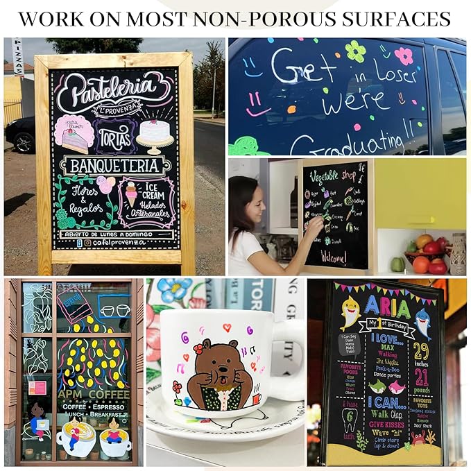 KERIFI Liquid Chalk Markers, Chalk Pens Fine Tip, 12 Vibrant Colors, Wet Erase Markers Fine Point 1mm, Chalk Markers for Blackboard, Glass, Windows, Bistro, 45 Chalkboard Labels Included