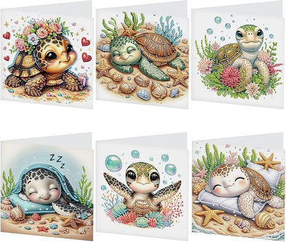 6 pcs Diamond Art Painting Greeting Card Kits, Animal Cute Turtle Design Irregular Shapes Diamond Art Fine Glitter Greeting Cards with Envelopes, Clay Glue, Pen, and Bead Bag for Creative Gifts