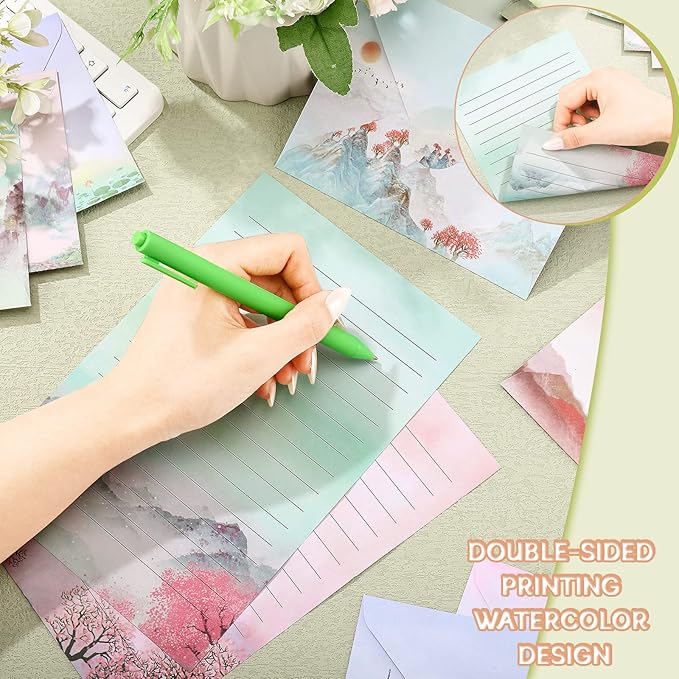 TaoBary 160 Packs Stationery Paper Set (50 Double Sided Stationery Writing Papers 50 Matching Envelopes) 60 Round Dot Sticker, 10 Design(Ink Painting,5.5 x 8.25 Inch)