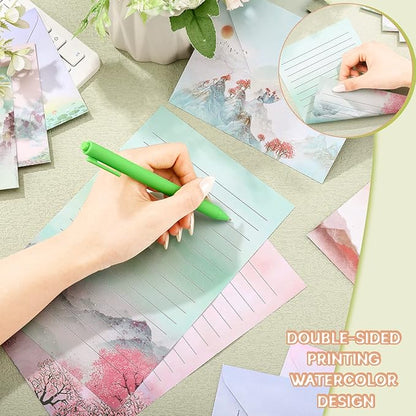 TaoBary 160 Packs Stationery Paper Set (50 Double Sided Stationery Writing Papers 50 Matching Envelopes) 60 Round Dot Sticker, 10 Design(Ink Painting,5.5 x 8.25 Inch)
