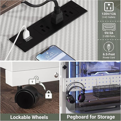 Computer Tower Stand with Power Strips, Height Adjustable PC Tower Stand/Cart with Wheels, Mobile Rolling CPU Holder, Computer Cart Side Stand for Computer Desk, 24", Carbon Fiber White