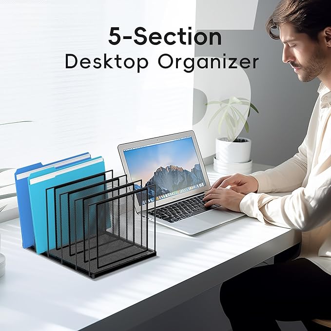 Inclined Desktop File Sorter, 5-Section Vertical File Folder, Mail Sorter Organizer for file holders, Metal File Organizer, Desktop File Folder Organizer for Office Classroom, Black