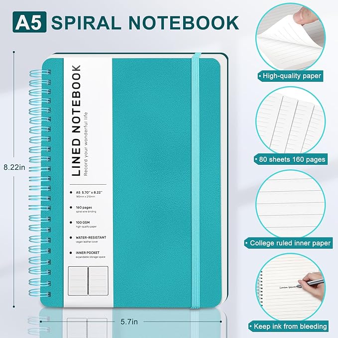 Turquoise Lined Spiral Journal Notebook with 160 Pages, 8×5.7in, A5 Spiral Notebook, Journaling Notebooks for Work, School, Women, Men, College Ruled Spiral Notebook, Hardcover Leather Journals