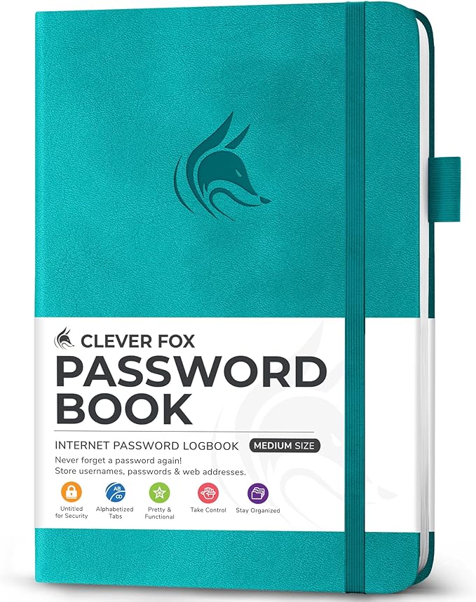 Clever Fox Password Book with Alphabetical tabs. Internet Address Organizer Logbook. Medium Password Keeper for Website Logins (Aquamarine)
