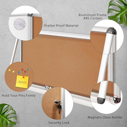 SWANCROWN Lockable Noticeboard Wall-Mounted Bulletin Pin Cork Boards Message Board with Aluminium Frame 28x14 inch