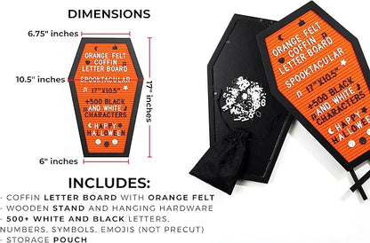 Coffin Letter Board Orange With Spooky Emojis +500 Characters, and Wooden Stand - 17x10.5 Inches - Gothic Halloween Decor Spooky Gifts Decorations