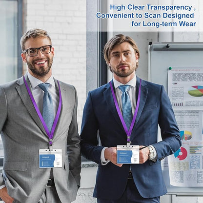 100 Pcs Lanyards for ID Badges and 100 Pcs Clear Name Tag Holders Reusable Lanyard with Clip Plastic ID Card Badge Holder Name Badges for Adults Kids Business School Office Supplies (Purple)