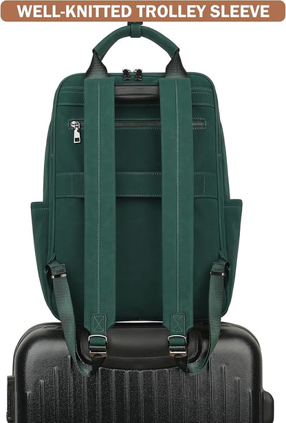 MASINTOR Leather Laptop Backpack for Women, Stylish Computer Backpack College Business Work Shoulder Bags Work and Travel Retro Green