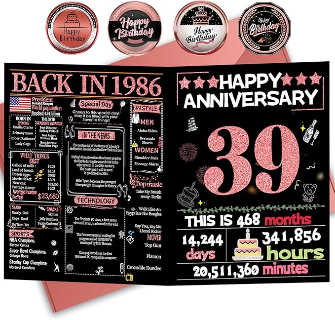Joycard 39th Anniversary Card for Women, Wedding Card for Wife, Sweet Marriage Decorations Gifts for Couple, Perfect for Her on Anniversary Day, Back in 1986