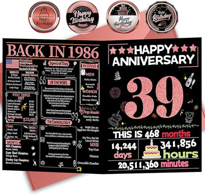Joycard 39th Anniversary Card for Women, Wedding Card for Wife, Sweet Marriage Decorations Gifts for Couple, Perfect for Her on Anniversary Day, Back in 1986