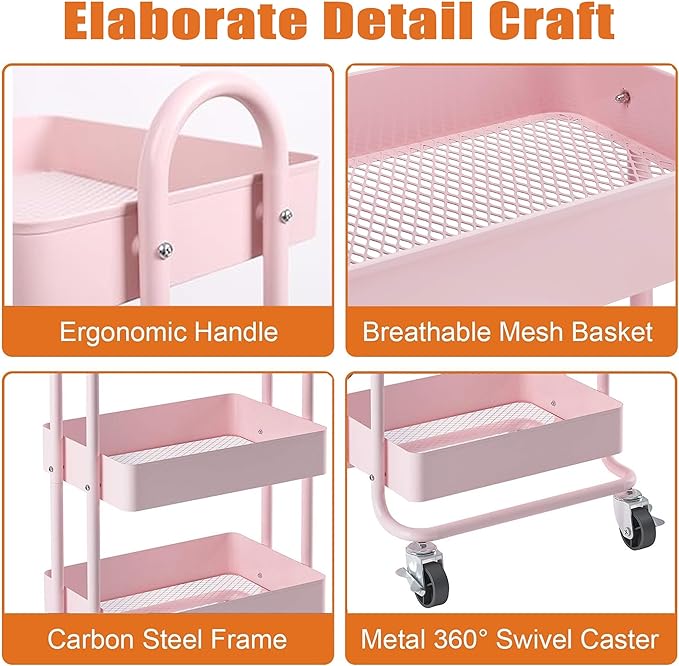 4-Tier Pink Rolling Cart,Metal Utility Rolling Cart with Handle,Multifunction Rolling Carts with Wheels,Kitchen Storage Carts Suitable for Office,Home,Kitchen,Garden（13.4"x18.1"x40"） Pink