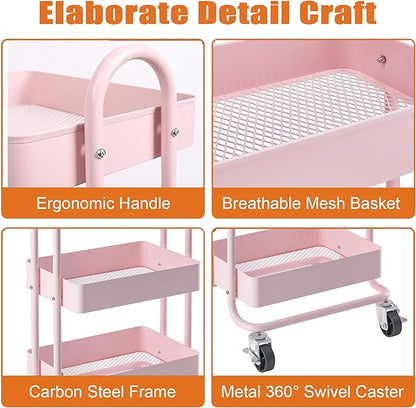 4-Tier Pink Rolling Cart,Metal Utility Rolling Cart with Handle,Multifunction Rolling Carts with Wheels,Kitchen Storage Carts Suitable for Office,Home,Kitchen,Garden（13.4"x18.1"x40"） Pink