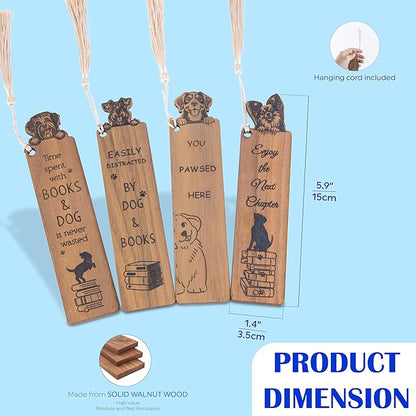 Dog Bookmark – Set of 4 Wooden Bookmarks with Tassels, Made from Walnut Wood,Funny Bookmark Gift for Men and Women, Novelty Gag Bookmark for Book Lovers,Christmas Stocking Stuffer