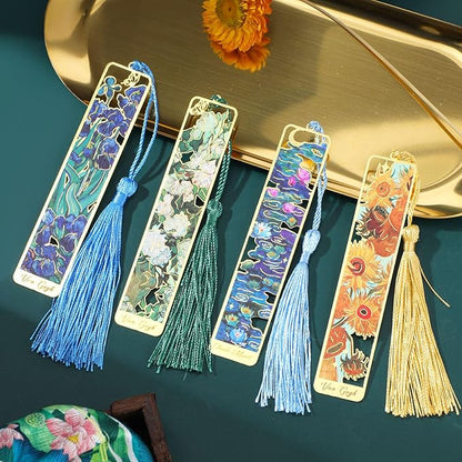 Sibba Book Marks for Book, 4Pcs Hollow Flower Metal Bookmarks with Tassels, Durable Retro Handmade Bookmarks for Women Kids Students Teachers and Book Lovers, Pretty&Increase Reading Interest