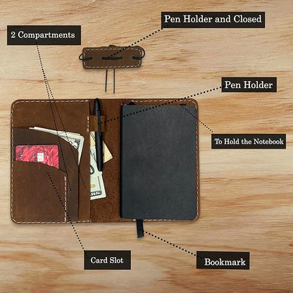 Leather Cover for Field Notes, Passport Cover, Leather Notebook Cover for 3.5" x 5.5" with Pen Holder, Only Cover (Oak)