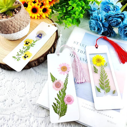 Cardstock Blank Bookmarks Set, 12 Pcs DIY White Craft Bookmarks for Pressed Flowers, Dried Flower Bookmark Making Kit with 43 Pcs Pressed Flowers, 12 Pcs Tassels, DIY Bookmarks for Dried Flowers
