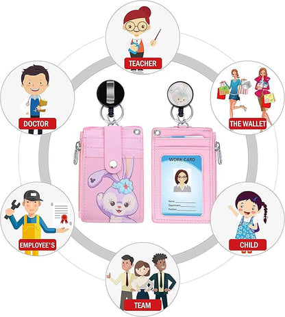 Cute ID Badge Holder Retractable Lanyard Reel Clip with Heavy Duty Carabiner,5 Card Slots in 2 Sided with Key Ring and Zipper for Students Teens Boys Girls Office Staff Women (Purple Rabbit)