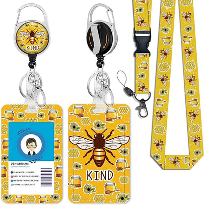 Cute Bee Kind Lanyards for Id Badges, Retractable ID Badge Holder with Detachable Lanyard, Fashionable Badge Reel Heavy Duty with 360 Degrees Rotate Carabiner Clip, Nurse Teacher Office Gifts