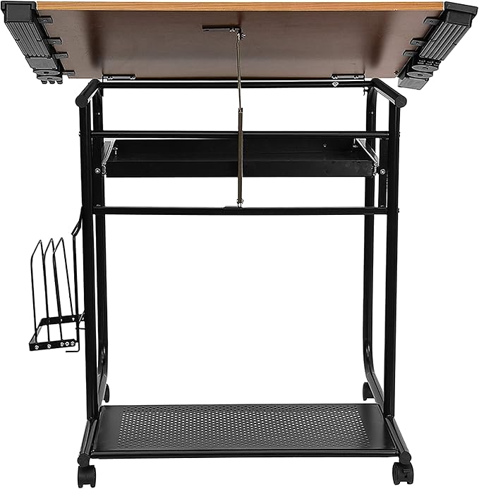 Flash Furniture Swanson Adjustable Drawing and Drafting Table with Black Frame and Dual Wheel Casters, Cherry
