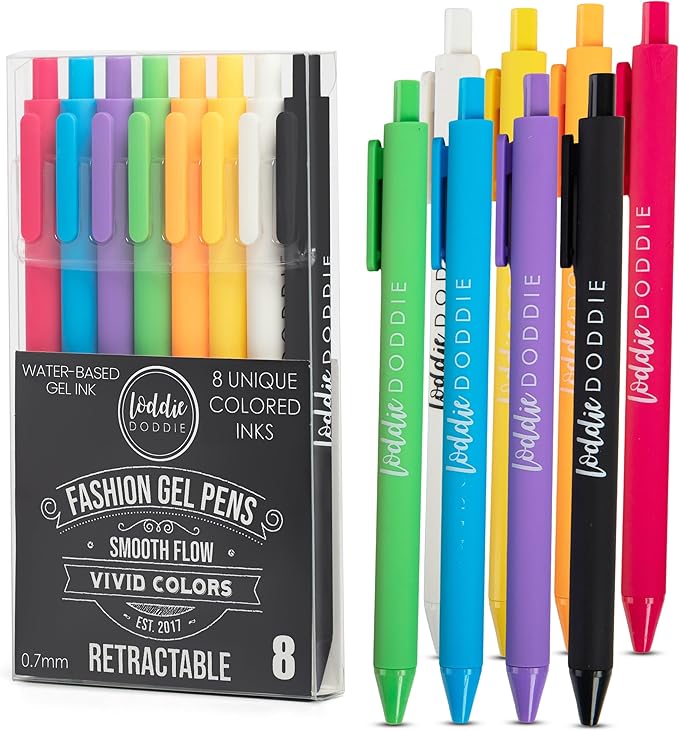 Loddie Doddie Gel Pens - 8-Pack 0.7 mm Medium Point Retractable, No Bleed, Smooth Writing Neon Ink for Journaling & Note Taking