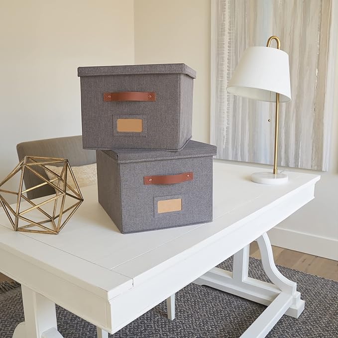ZICOTO Decorative File Organizer Box Set of 2 - Collapsible Linen Filing Cabinets w/Handles Are Perfect to Store all Your Documents & Hanging File Folders - Portable Easy Slide Crates with Lid