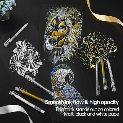 3 Colors Gel Pen Set - White,Gold and Silver Gel Ink Pens for Artists, White Gel Pen, White Ink Pen, White Pens for Black Paper, White Drawing Pens,White Pen for Artists Drawing