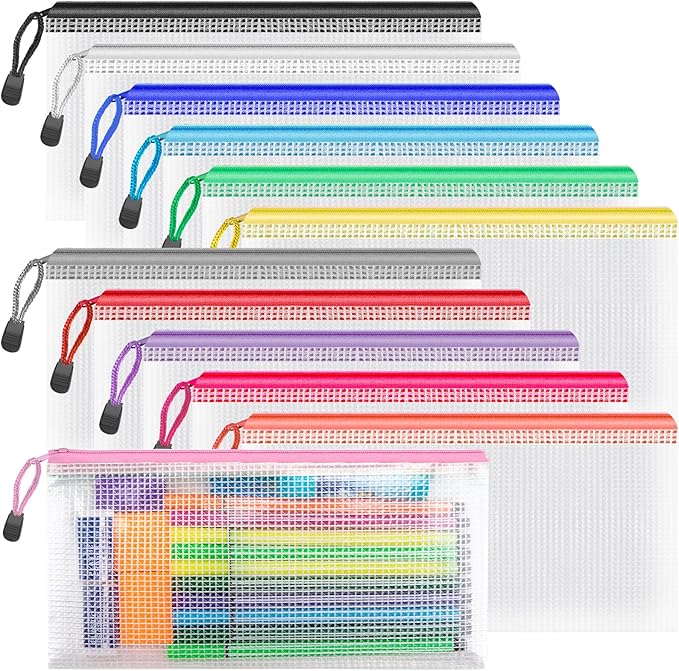 Umriox Zipper Pencil Pouches, 9.2 x 4.7 in (12 Colors, 12 Pack), Pencil Pouches Bulk, Clear Pencil Pouch for Office Supplies Cosmetics Travel Accessories