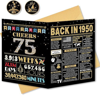 75th Birthday Card, 75th Birthday Decorations Women Men, 75th Birthday Gifts for Dad Mom, Back in 1950 Birthday Card, Black Gold