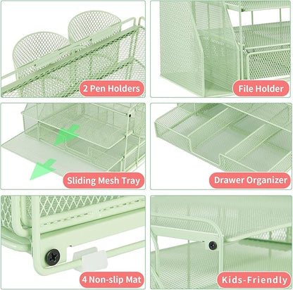 Desk Organizers and Accessories, Desk Accessories & Workspace Organizers for Office Supplies, File Organizer Desk Drawer Organizer with 2 Pen Holders, 4 Tier Paper Organizer for Desk(Green)