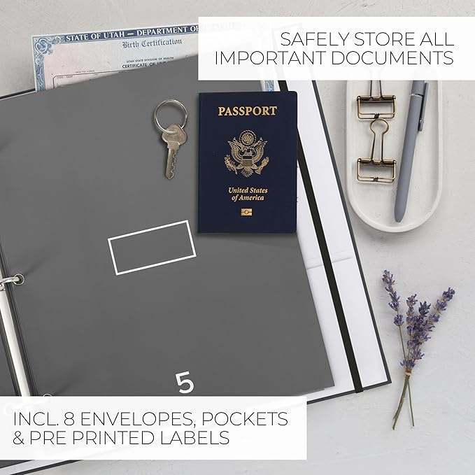 Aesthetic Document Organizer - Sturdy Linen 3-Ring Binder Safely Stores All Your Important Documents and Files in One Place - Easy to Use Expanding Storage Folder Incl. Envelopes, Pockets & Labels