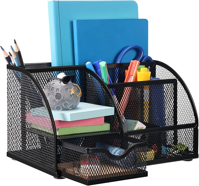Comix Mesh Pen Pencil Holder Desk Organizer, 7 Compartment Wire Desktop Pen Pencil Cup Caddy Office Supplies for Home Office School, Black