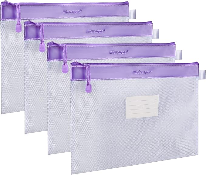 Zipper Pouch, Wisdompro 4 Packs Durable Letter Size Waterproof Mesh File Bag, Document Organizer - Purple