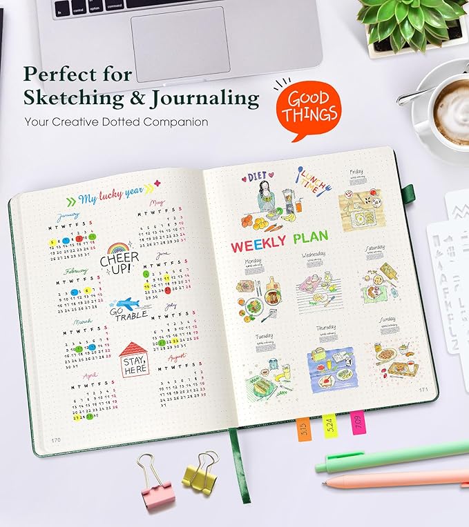 Dotted Journal Notebook, 360 Numbered Pages Bullet Dot Grid Journal,100gsm Dot Paper Thick Hardcover Leather Journal for Writing Women Men, A5 Dotted Grid Notebooks for Work 5.75" x 8.38" Green