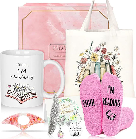 Bookish Book Lovers Gifts Readers - 7pcs Reading Accessories w/Bookmark, Cozy Socks, Cute Tote Bag, Coffee Mug, Hanging Decor and Cards, Booklovers Gift Idea for Women Bookworm Teacher Librarian