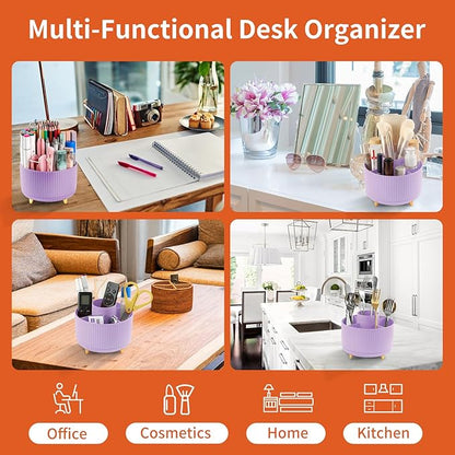 Desk Pencil Pen Holder, 5 Slots 360°Degree Rotating Pencil Pen Organizers for Desk, Desktop Storage Stationery Supplies Organizer, Cute Pencil Cup Pot for Office, School, Home, Art Supply, Purple