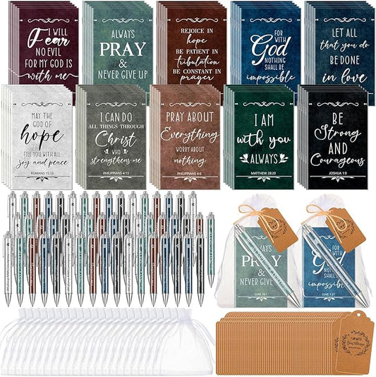 200 Pcs Bible Verse Sets Church Christian Gift Include 50 Scripture Notebooks 50 Bible Bamboo Pens 50 Thanks Tags 50 Organza Bags for Women Man Christian Party Gifts(Fresh Color,Classic)