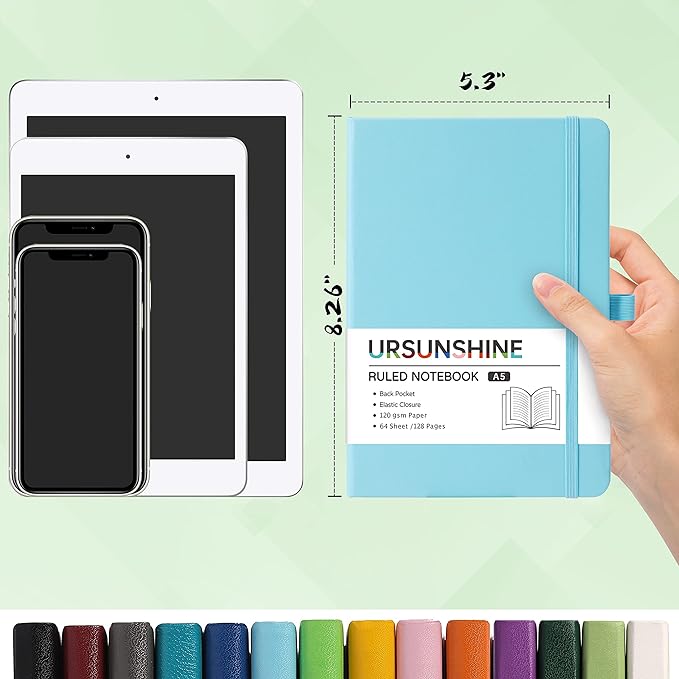 Ruled Notebook/Journal - Classic Lined Journal/Notebook, Hardcover with Thick Paper, 5.3" x 8.26", Banded + Pen Holder +Inner Pocket - Sky Blue