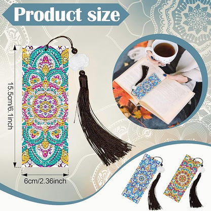 Anseal 3 Pcs 5D Diamond Bookmarks Painting for Book Lovers, Mandala PU Leather Diamond Dotz Art Bookmark for Adults, Tassel Beaded Book Mark for Graduation Birthday Reading Present