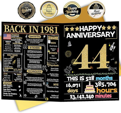 Joycard 44th Anniversary Card for Women Men, Gold Wedding Card for Wife Husband, Sweet Marriage Decorations Gifts for Couple, Perfect for Her Him on Anniversary Day, Back in 1981