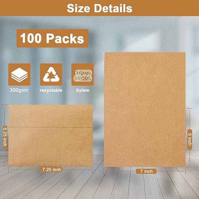 100 Packs Brown Blank Note Cards with Envelopes 5 x 7 Heavyweight Folded Cardstock and A7 Envelopes Self Seal for Invitations, Wedding, DIY Greeting Cards, Thank You Cards, Festival Blessings